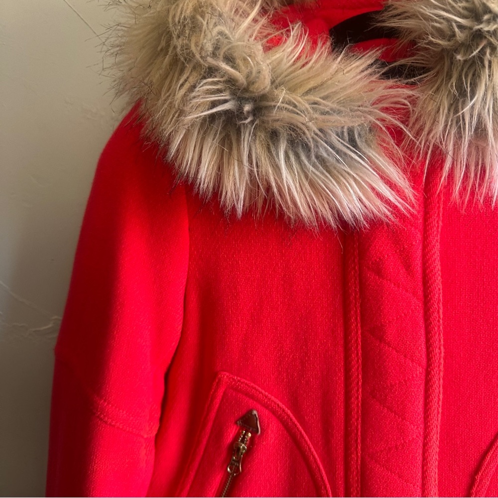 J. Crew Stadium Cloth Red Wool Coat w/ Faux Fur Hood Statement Winter Parka 2P - Picture 2 of 16
